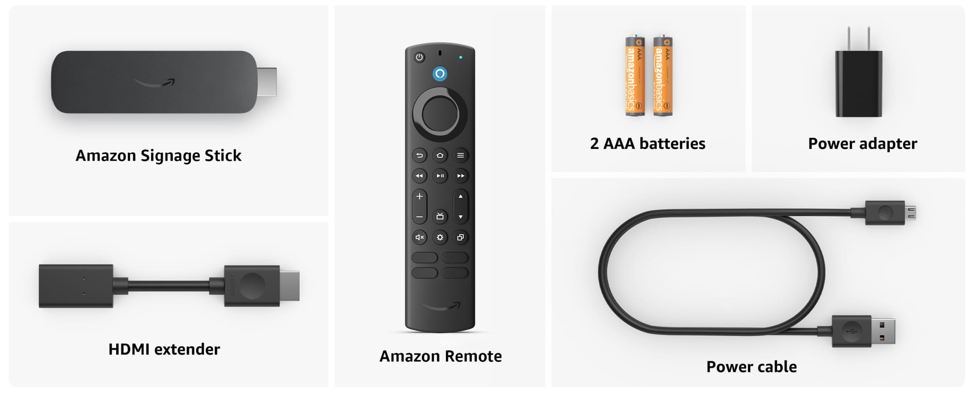 Amazon Signage Stick components and accessories, including the remote control, HDMI extender, power adapter, power cable, and batteries