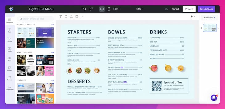 Digital menu board software for updating menu displays