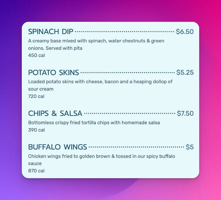 Digital menu board nutritional labels