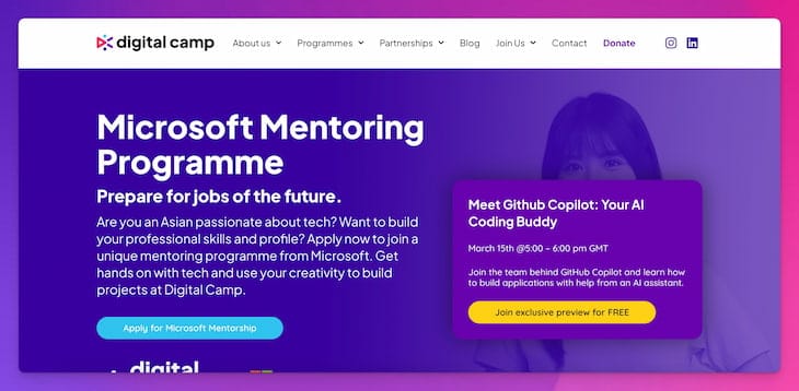 Screenshot of Digital Camp's Microsoft Mentoring Programme page, featuring a mentorship program designed to help Asian tech enthusiasts build professional skills with guidance from Microsoft experts.