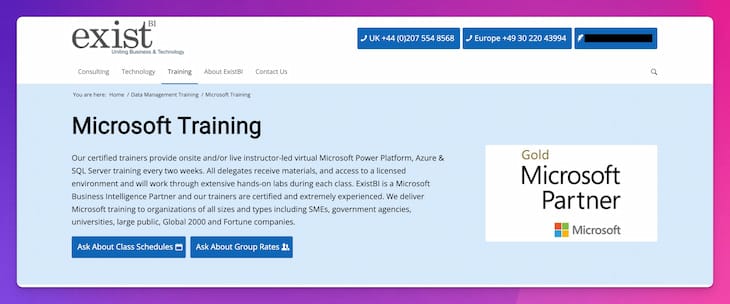 Screenshot of ExistBI's Microsoft Training page, detailing their virtual and onsite training services in Power Platform, Azure, and SQL Server, with options for class schedules and group rates.