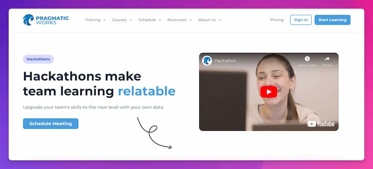 Screenshot of Pragmatic Works' hackathon page, showcasing their interactive team learning sessions designed to build skills with hands-on data projects and real-world applications.
