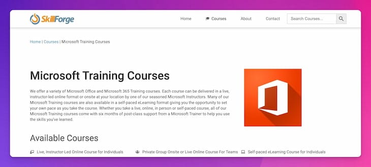 Screenshot of SkillForge's Microsoft Training Courses page, offering certification-focused training in Microsoft Office and Microsoft 365, with live, online, and self-paced options and post-class support.