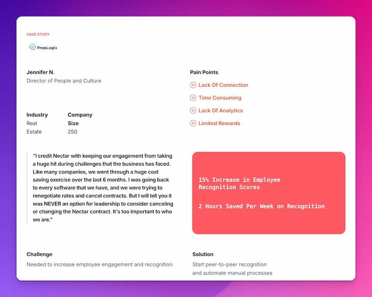 Case study featuring PropLogix using Nectar employee recognition software to boost engagement and save time