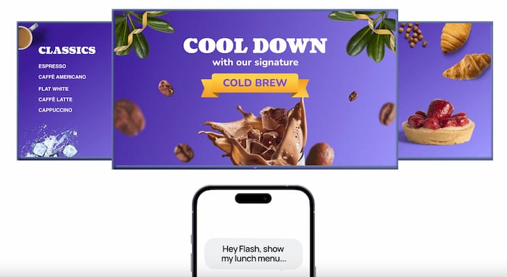 Fugo Flash AI-powered digital signage showing auto-generated café menus and promotions