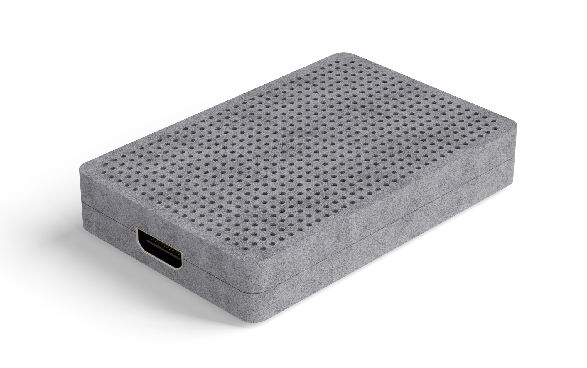 Close-up of the Fugo Flash digital signage player with a compact 3D-printed design