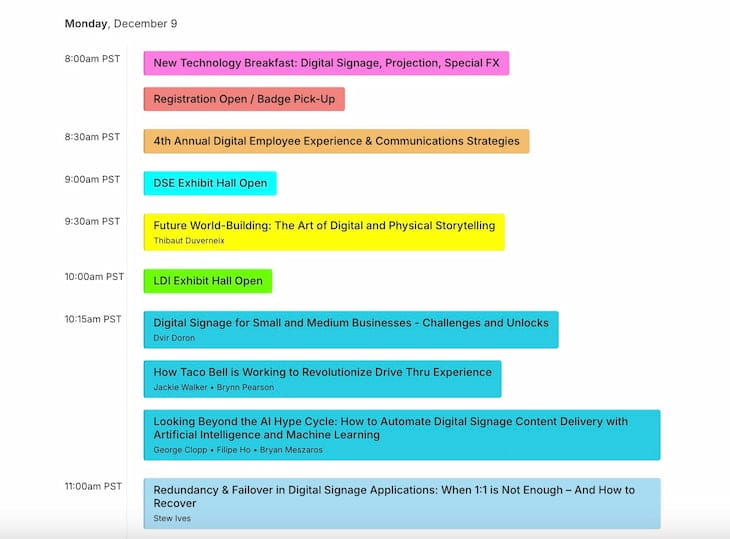 Monday, December 9 DSE 2024 schedule with sessions on AI, storytelling, and workplace innovation