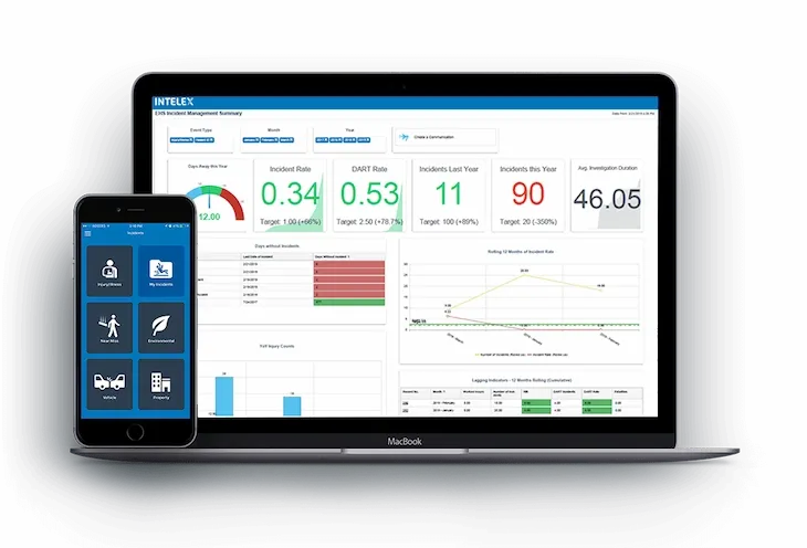 UI screenshot of Intelex EHS software solution and mobile app