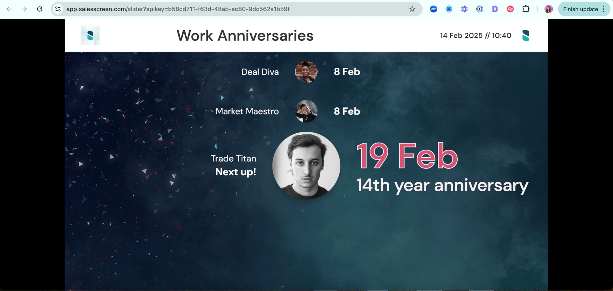 SalesScreen feed displaying employee work anniversaries with names, dates, and profile images.