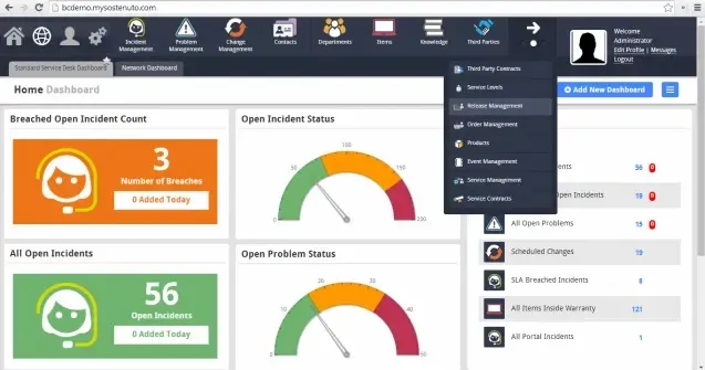 UI screenshot of Sunrise ITSM software solution