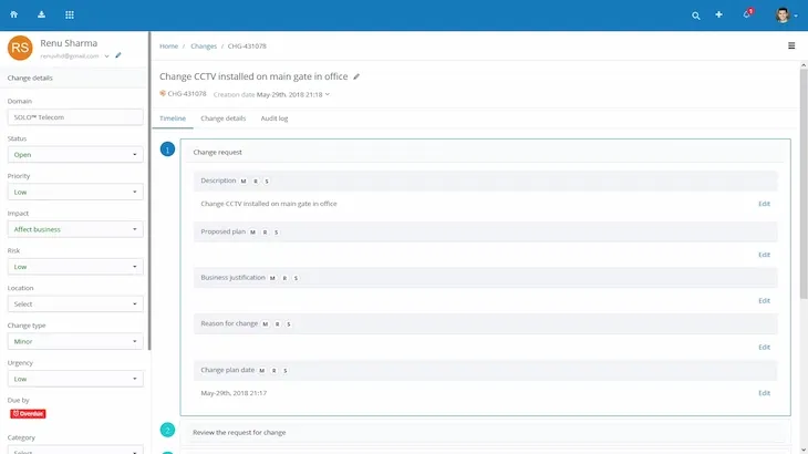 UI screenshot of Vision Helpdesk enterprise management service software