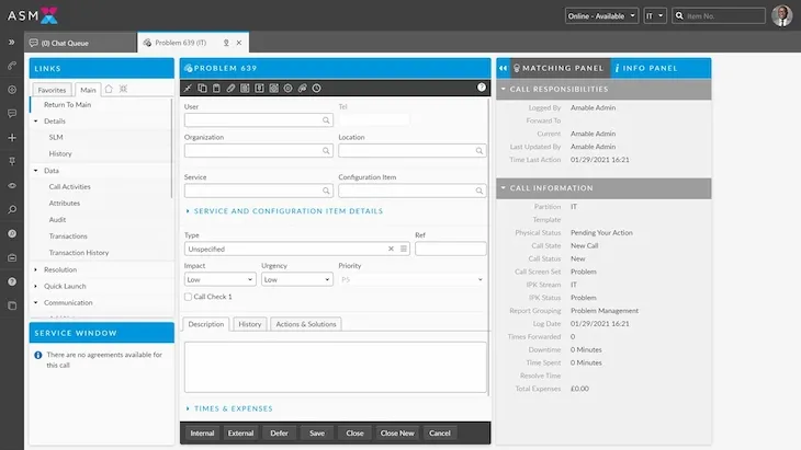 UI screenshot of Alemba Service Manager ESM solution software