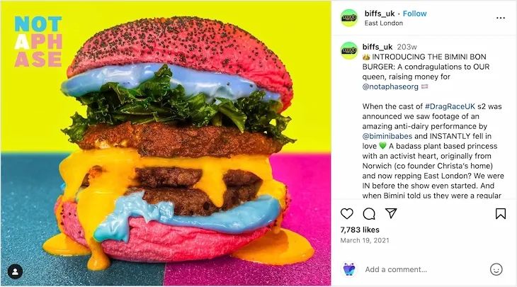 A pink burger instagram post demonstrating valentines marketing ideas