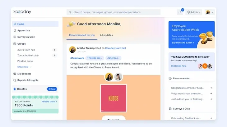 Xoxoday Compass interface highlighting team recognition and reward points system