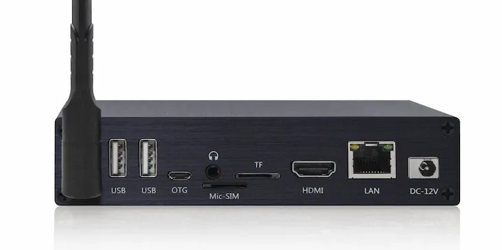 Android digital signage media player showing HDMI, USB, ethernet, and antenna connectivity ports