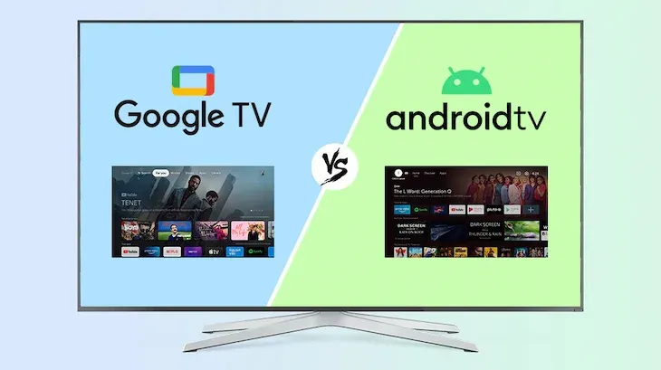 TV screen displaying displaying a "Google TV vs Android TV difference" graphic