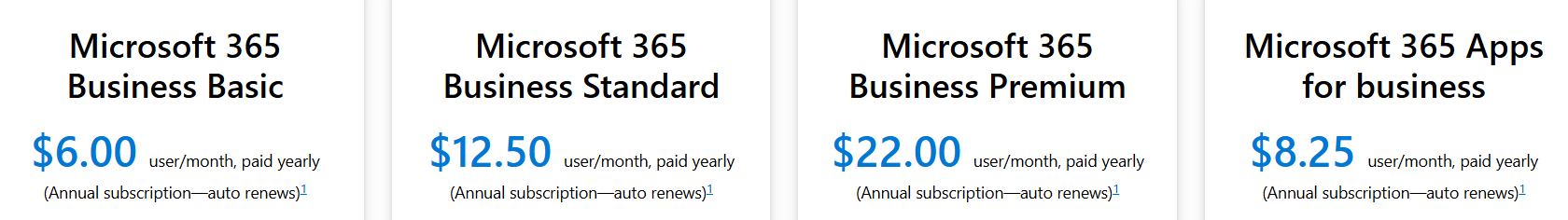 Microsoft 365 pricing plans.