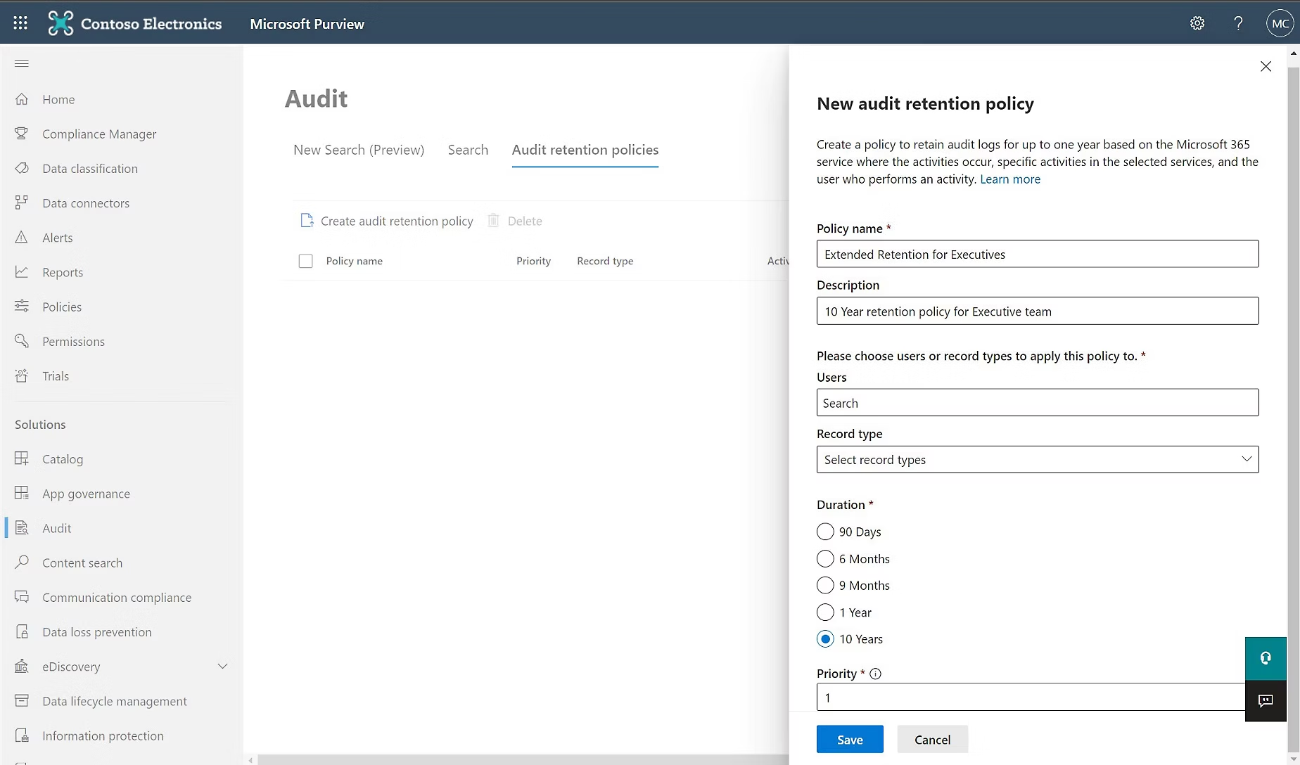 Example of setting up an audit retention policy in Microsoft Purview