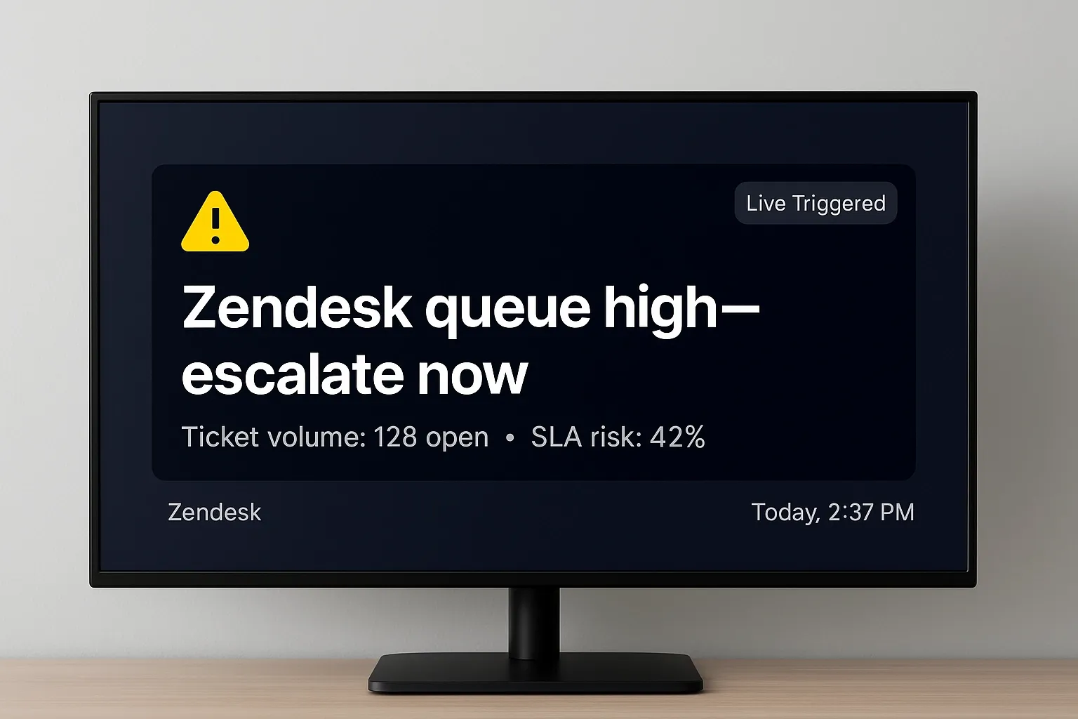 AI-enabled digital signage display shows an alert for high support ticket volume