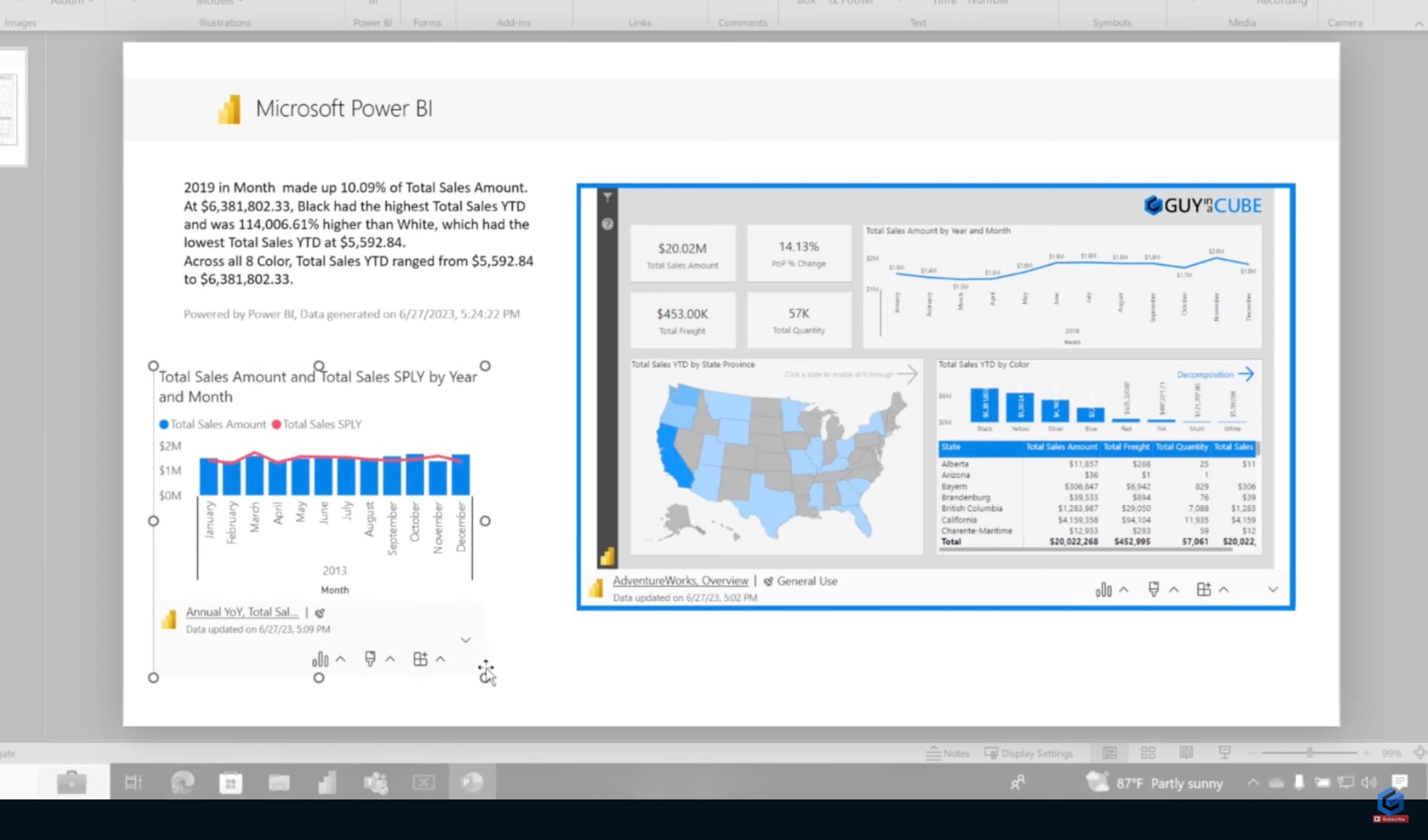 Screenshot showing the power bi powerpoint add in