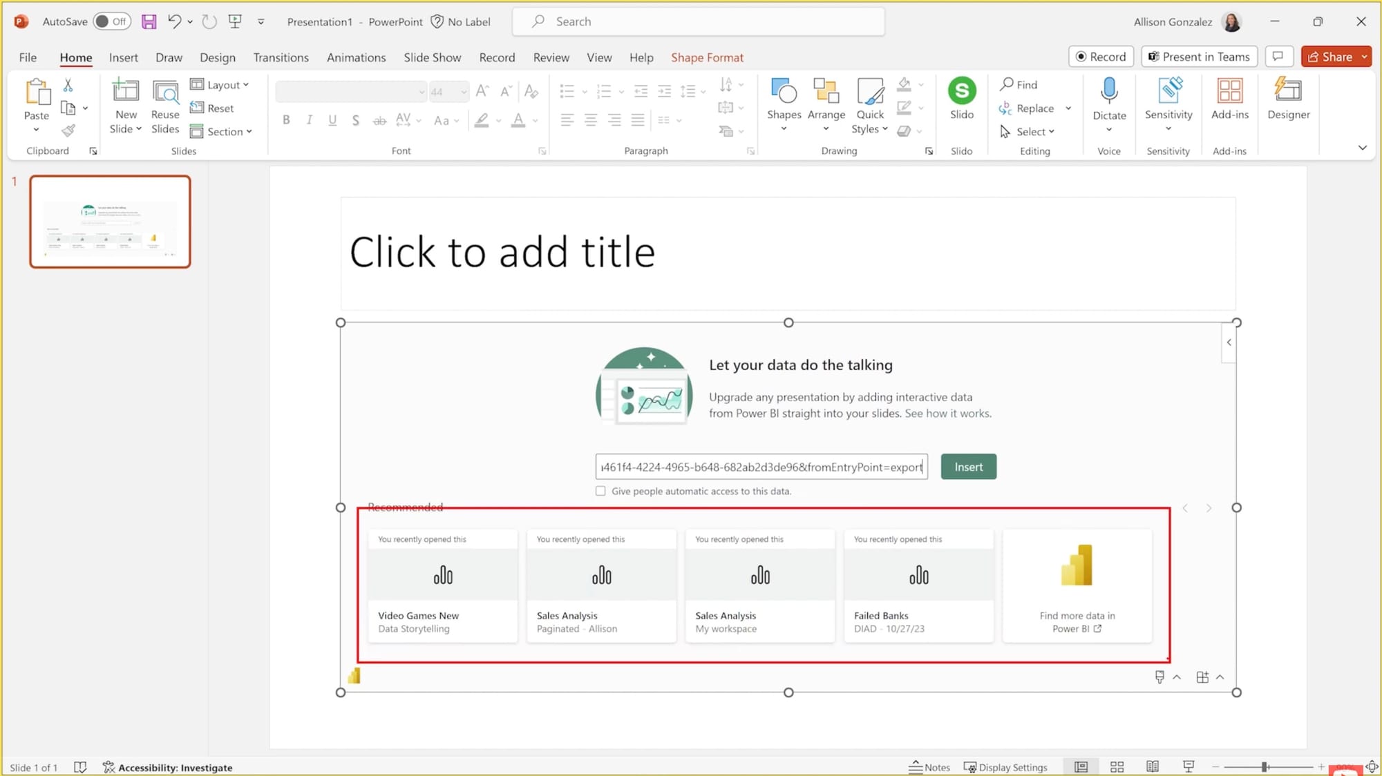 Screenshot showing how to embed Power BI in PowerPoint via the PowerPoint Power BI add in