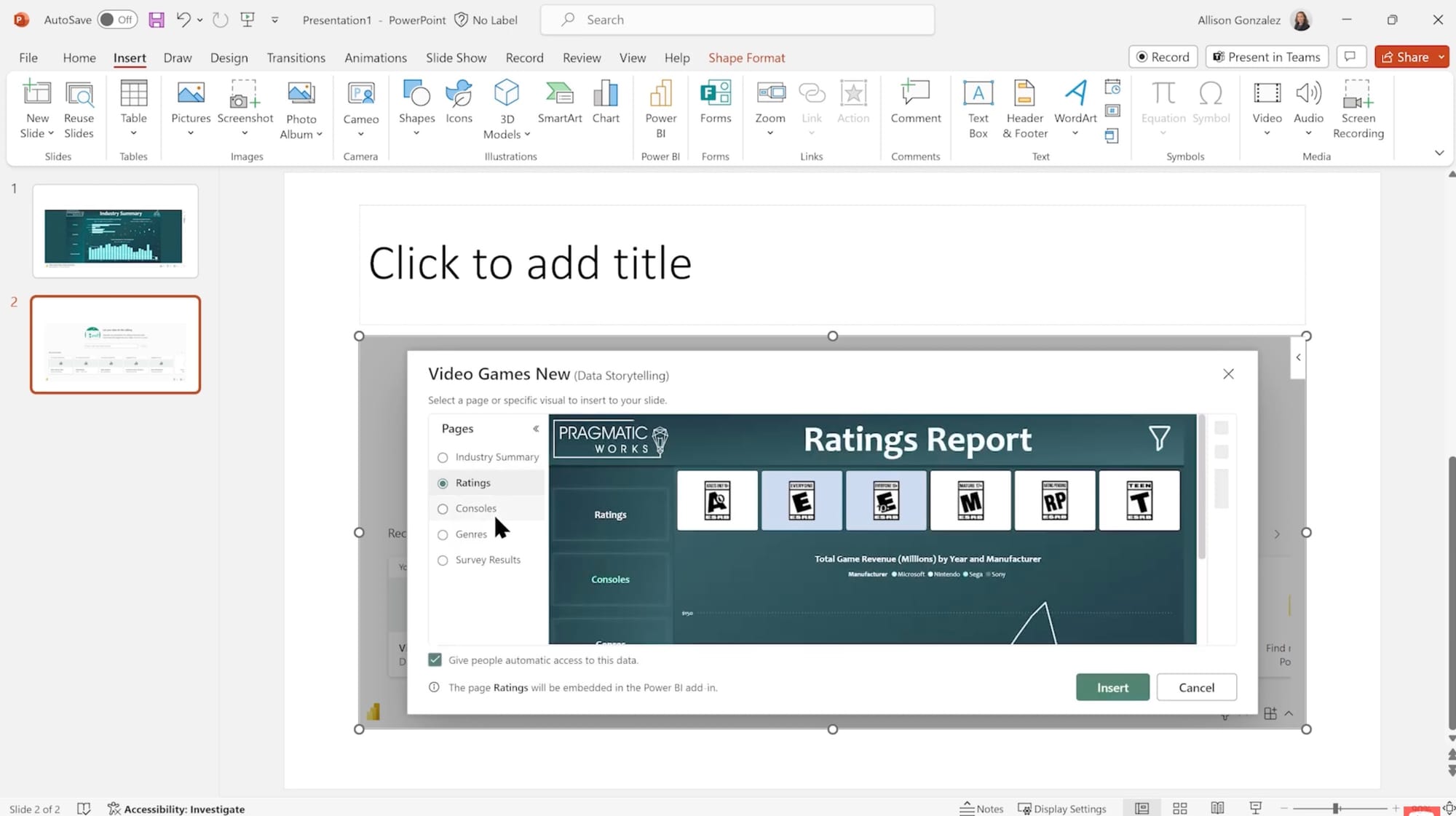 Screenshot showing how to choose the report page to embed a Power BI report page in PowerPoint presentation