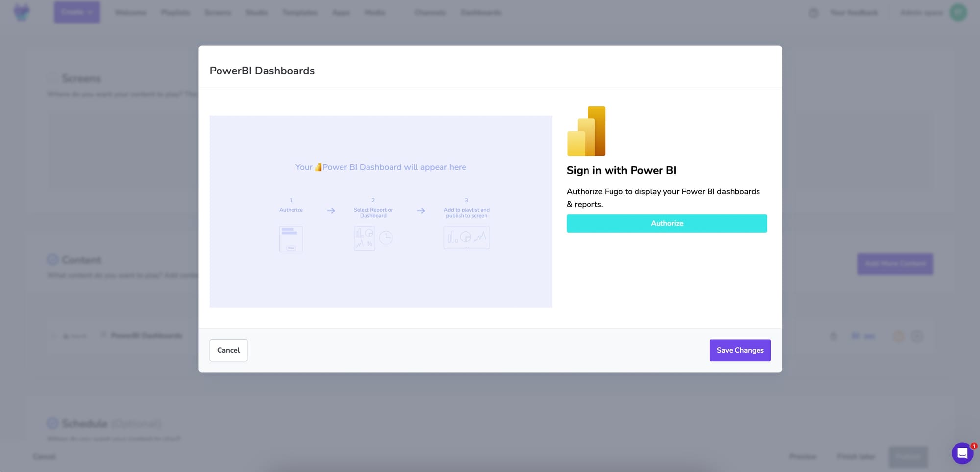 Screenshot showing the authentication process for Fugo's Power BI digital signage integration