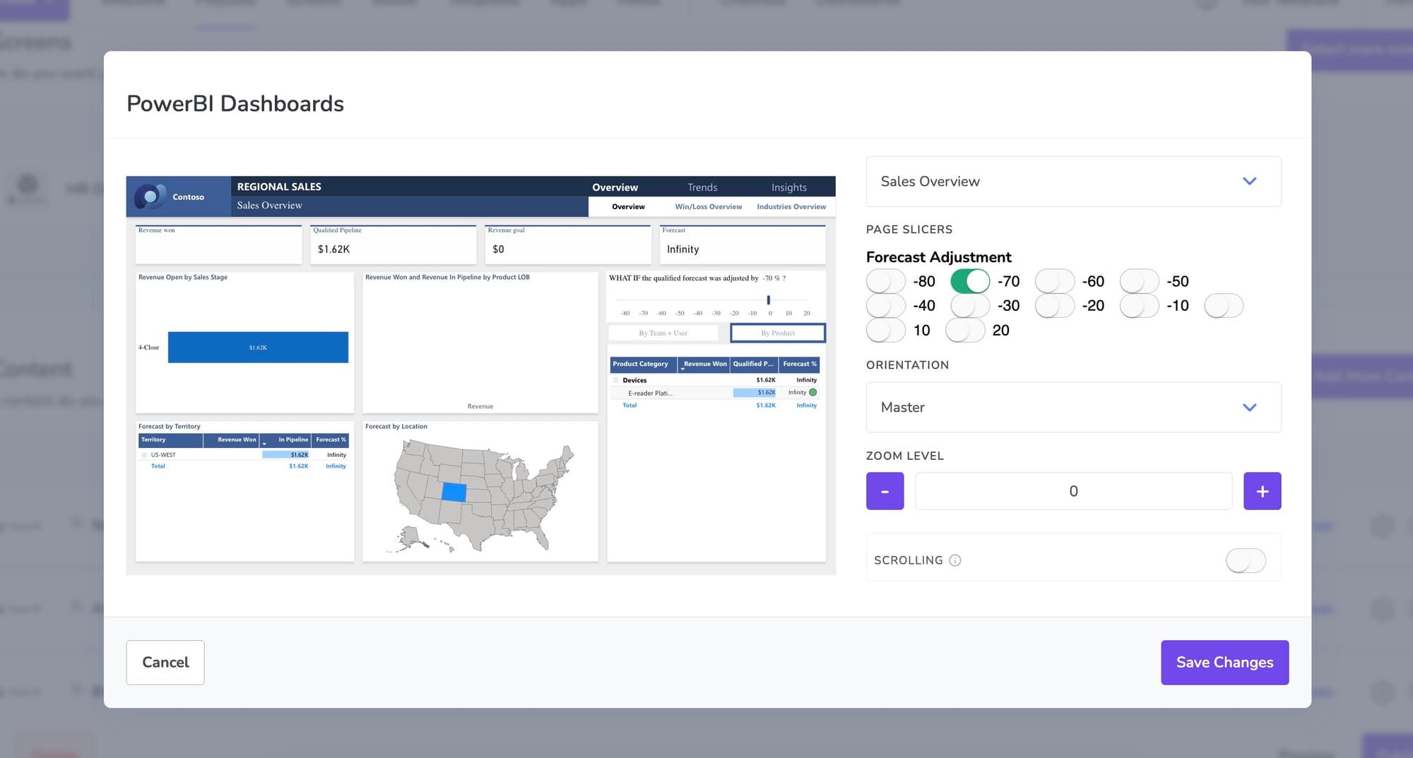 Screenshot of Fugo's Power BI integration showing how to filter a report by slicer for an individual screen