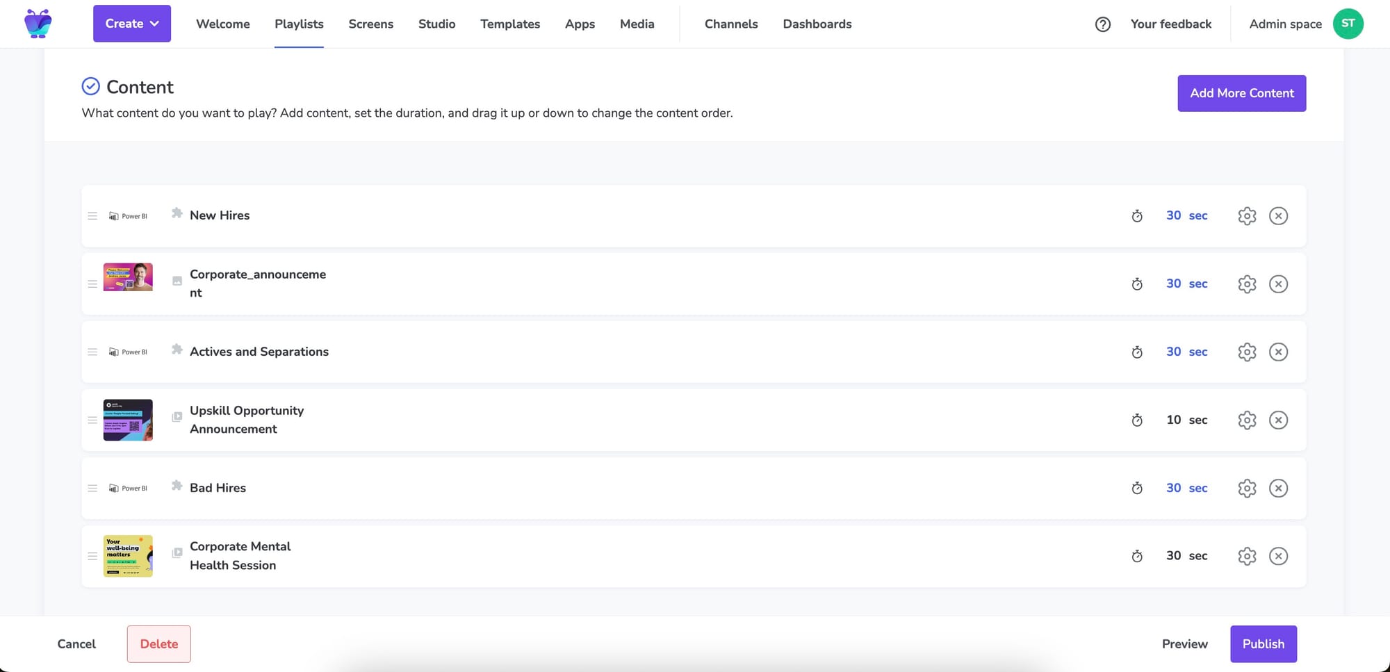 Screenshot showing how to add Power BI reports and slides to a digital signage presentation